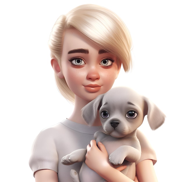 3D-рендеринг милой девушки с щенком на белом фоне