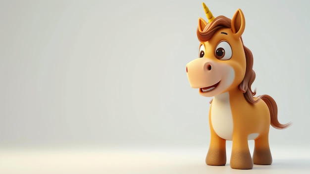 3D rendering of a cute and happy unicorn The unicorn is standing on a white background and looking at the camera