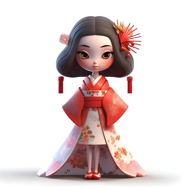 3D rendering of a cute Japanese girl wearing a kimono