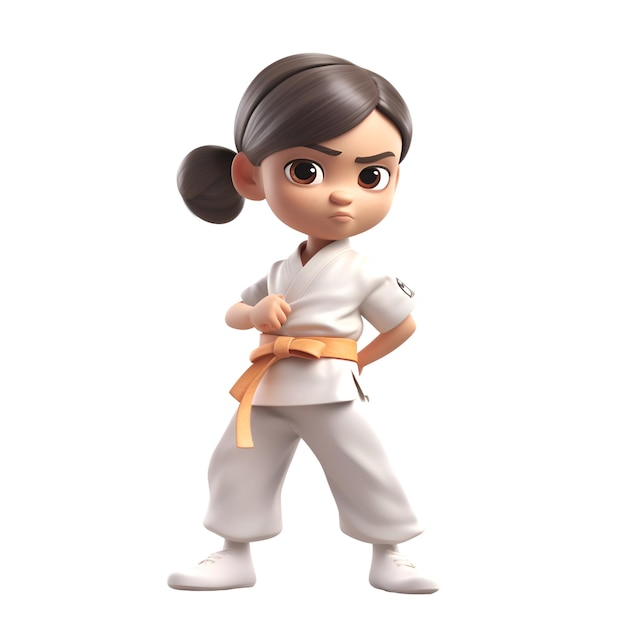 3d rendering of a cute karate girl with a yellow belt