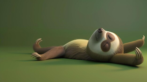 Photo 3d rendering of a cute and lazy sloth lying on its back with arms and legs outstretched in a relaxed pose against a pale green background