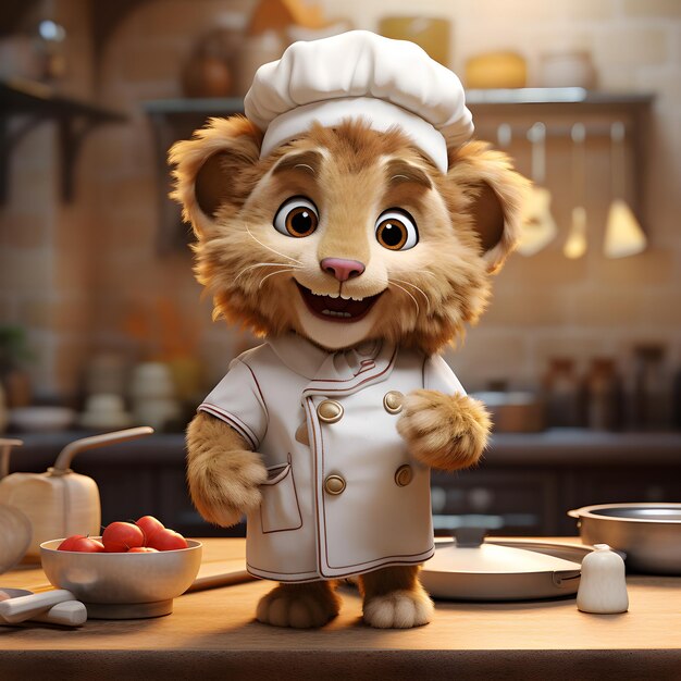 3d rendering of a cute lion chef in the kitchen at home Ai Generated