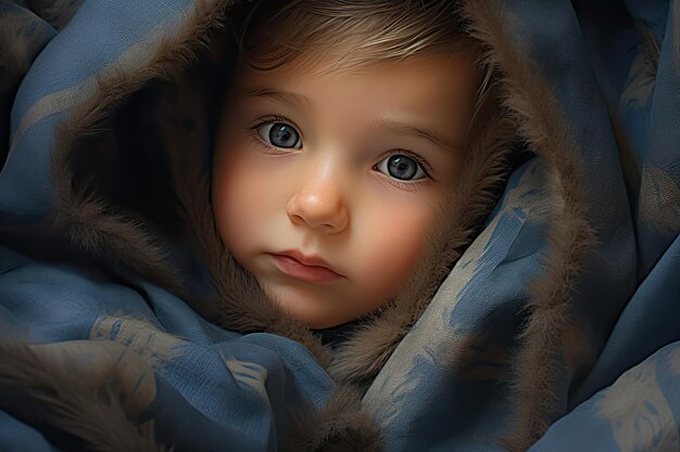 3d rendering of a cute little baby boy wearing a blue blanket Cute baby boy under the blanket Closeup portrait AI Generated