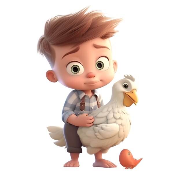 Foto rendering 3d di un bambino carino con un grosso pollo bianco