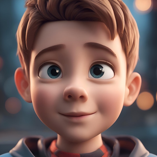 Photo 3d rendering of a cute little boy with blue eyes and brown hair