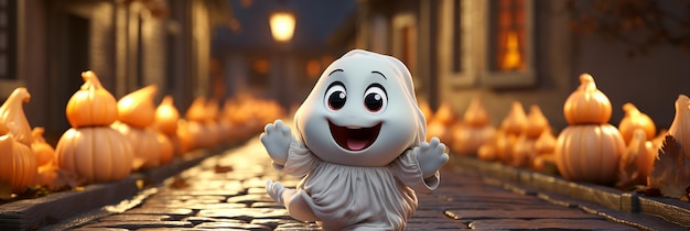 3D rendering of cute little ghost running for trick or treat Halloween parade in the background 3d