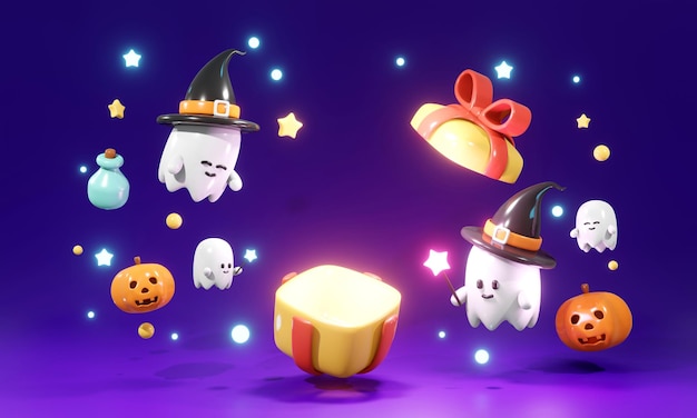 Foto rendering 3d di un piccolo fantasma carino con confezione regalo aperta con il concetto di spazio di sfondo di halloween per il design pubblicitario commerciale rendering 3d in stile cartone animato