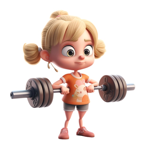 3d rendering of a cute little girl lifting a heavy barbell