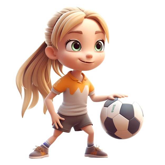 3D-рендеринг милой маленькой девочки, играющей в футбол на белом фоне