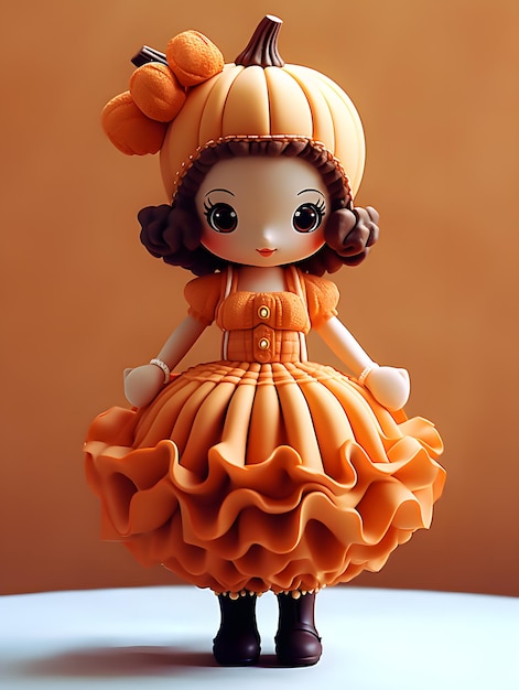 Photo 3d rendering of a cute little girl in a pumpkin halloween costume