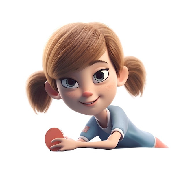 색 배경에 공을 가진 귀여운 작은 소녀의 3d 렌더링