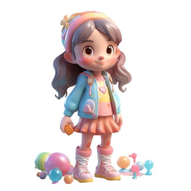 3D rendering of a cute little girl with colorful balloons and toys