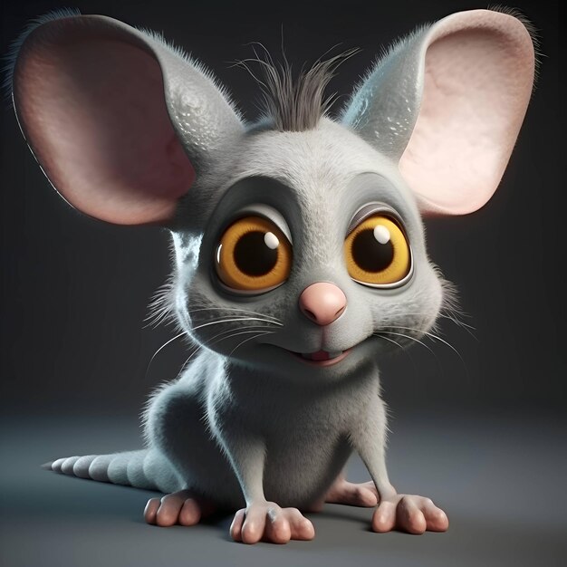 灰色の背景に大きな目を持つかわいい小さなマウスの 3 D レンダリング