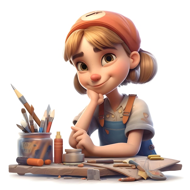 Photo 3d rendering of a cute little painter girl with a paintbrush and pencils