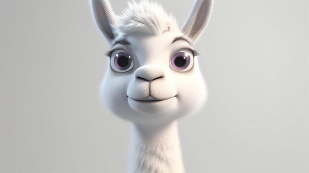 3D rendering of a cute llama with big eyes and a happy expression on its face The llama is white and has a fluffy coat