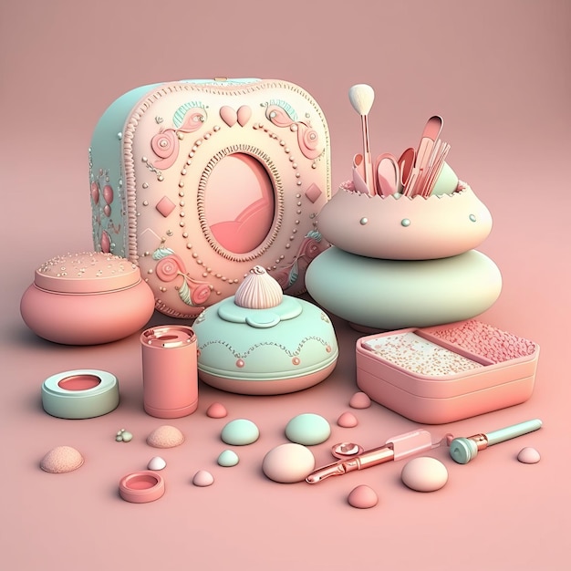 3D rendering cute makeup accessories with high details