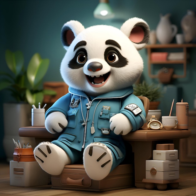 Foto rendering 3d di un carino personaggio panda seduto nella sua stanza