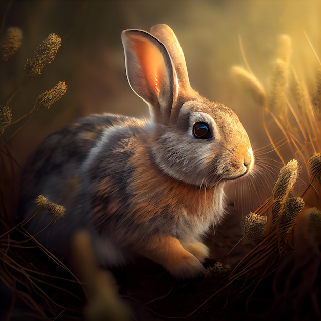 3d rendering of a cute rabbit in a meadow at sunset