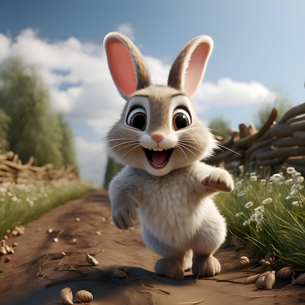 3d rendering of a cute rabbit on a rural road in the countryside