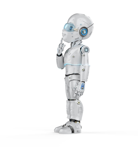 만화 캐릭터가 생각하거나 분석하는 3d 렌더링 귀여운 로봇 또는 인공 지능 로봇