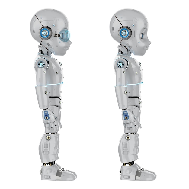 만화 캐릭터 전체 길이가 있는 3d 렌더링 귀여운 로봇 또는 인공 지능 로봇