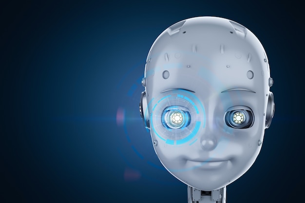 3D-рендеринг симпатичного робота или робота с искусственным интеллектом с мультипликационным персонажем с графическим дисплеем