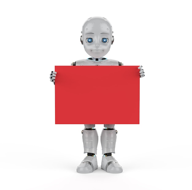 Photo 3d rendering cute robot or artificial intelligenceâ robot with red blank board