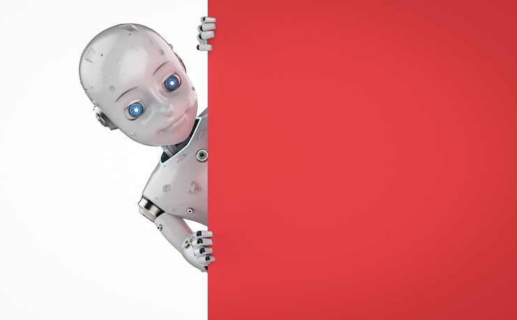 Photo 3d rendering cute robot or artificial intelligenceâ robot with red blank board