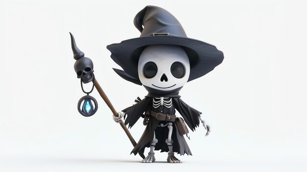 3D-рендеринг милого волшебника-скелета Волшебник носит черный халат и заостренную шляпу Он держит жезл с черепом на конце