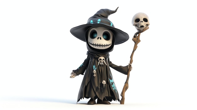 3D rendering of a cute skeleton wizard The wizard is wearing a black robe and a pointy hat He is holding a staff with a skull on the end