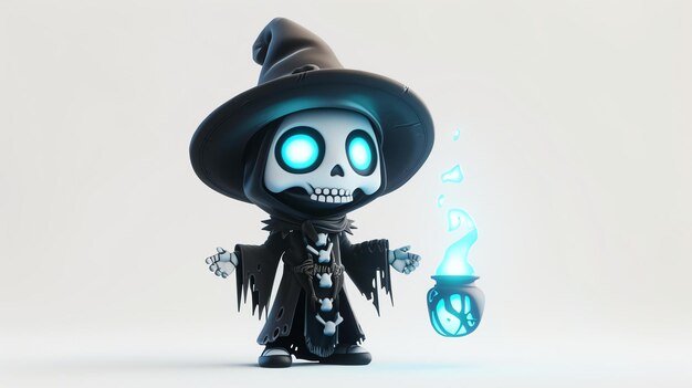 3D-рендеринг милого волшебника-скелета Волшебник носит черный халат и заостренную шляпу