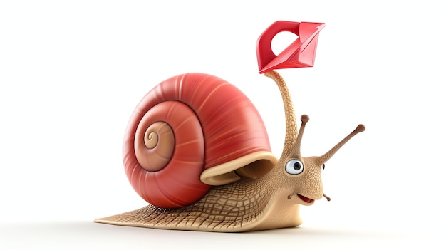 Photo 3d rendering of a cute snail with a red shell carrying a red paper airplane on its back the snail is smiling and looks happy
