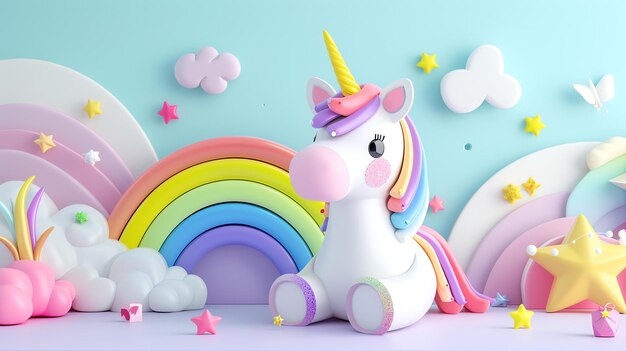 Foto rendering 3d di un carino unicorno seduto in una terra magica con nuvole arcobaleno e stelle