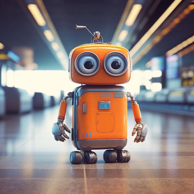 3d rendering cute vintage robot in airport terminal waiting for departure or departure