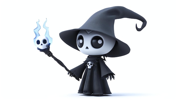 Photo 3d rendering of a cute wizard holding a skull on fire the wizard is wearing a black hat and robe and has big eyes