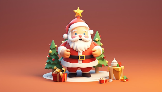 귀여운 산타클로스와 크리스마스 트리의 3d 렌더링