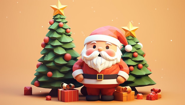 귀여운 산타클로스와 크리스마스 트리의 3d 렌더링