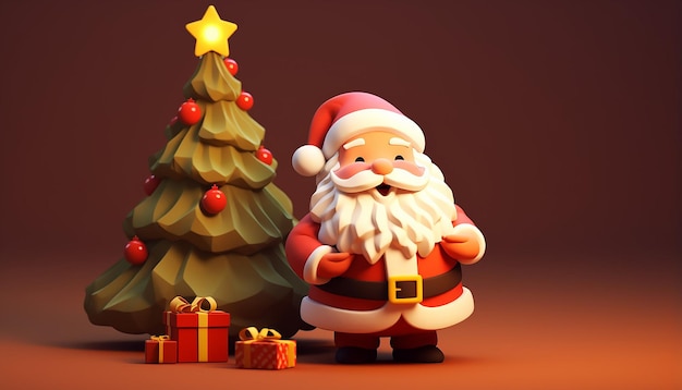 a 3d rendering of a cutie santa claus and christmas tree