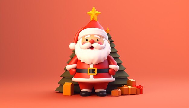 a 3d rendering of a cutie santa claus and christmas tree