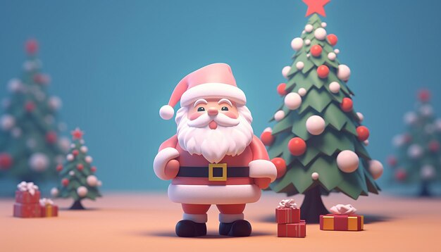 3D-рендеринг милого Санта-Клауса и рождественской елки