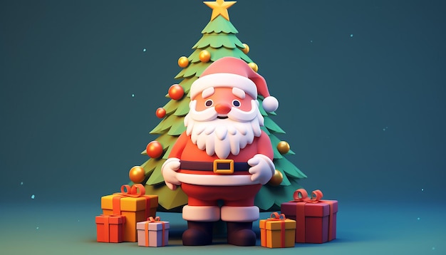 a 3d rendering of a cutie santa claus and christmas tree