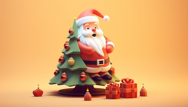 a 3d rendering of a cutie santa claus and christmas tree