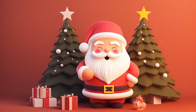 a 3d rendering of a cutie santa claus and christmas tree