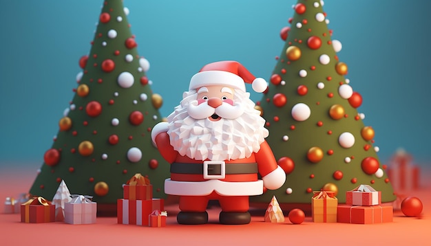 a 3d rendering of a cutie santa claus and christmas tree