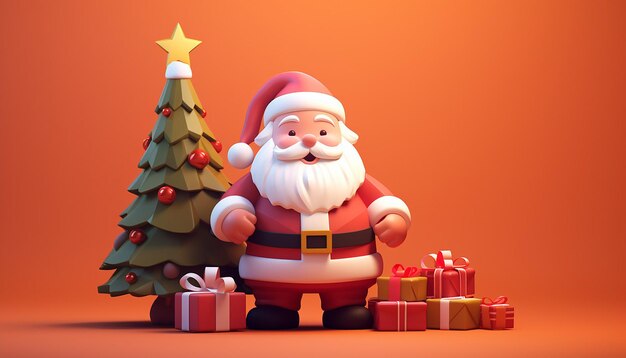 A 3d rendering of a cutie santa claus and christmas tree