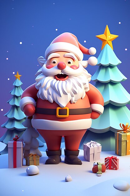 A 3d rendering of a cutie santa claus and christmas tree