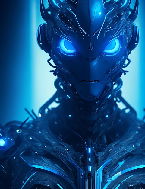 3d rendering of cyber man in futuristic space with blue light background