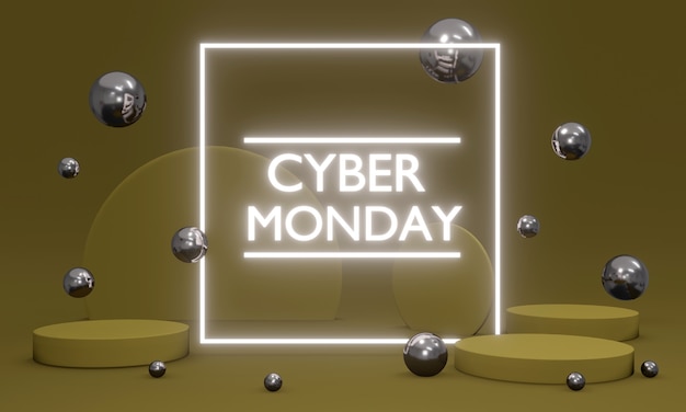 Фото 3d-рендеринг распродажа cyber monday со светодиодным футуристическим светом с элементами, плавающими вокруг на фоне концепции рекламной рекламы cyber monday. 3d визуализация. 3d иллюстрации.