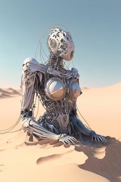 3d rendering of a cybernetic female robot feeling lost in the desert