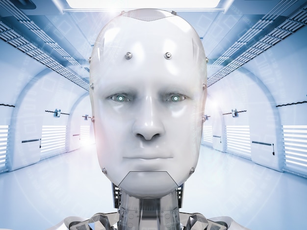 3d rendering cyborg face with virtual display in eyes